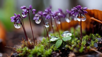 Delicate Purple Flowers with Dewdrops on Forest Floor, Macro Nature Photography