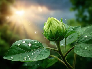 Sunlit dewdrop-covered green rosebud in morning nature
