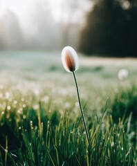 Dew-covered flower in serene morning landscape