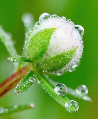 Dew-covered bud in vibrant green garden setting