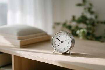 Naklejka premium Elegant Silver Alarm Clock on Wooden Desk with Soft Natural Light and Green Plants in Background