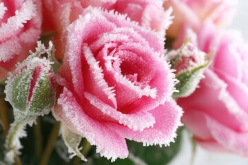 Frost-coated pink roses showcasing winter beauty