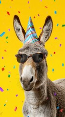 Donkey wearing party hat sunglasses surrounded confetti