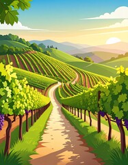 Naklejka premium abstract illustration of walkway Through Sunlit Vineyard Rows on a Hillside