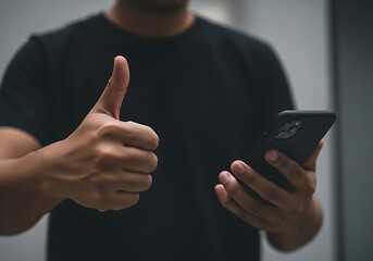 Man giving a thumbs up while holding a smartphone conveying approval satisfaction or a positive experience with technology and communication in the digital age