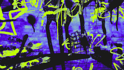 Neon green and black graffiti on a dark purple brick wall background © Abirupa Design