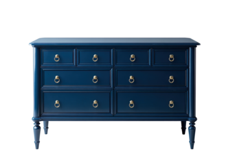 Dark navy blue dresser with ten drawers and brass handles