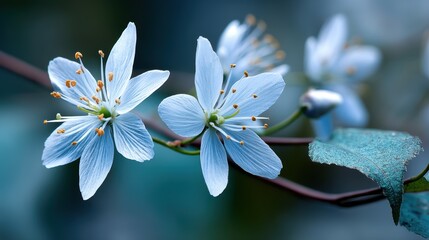 Delicate Blue Blossoms on Branch - Macro Floral Beauty and Serene Nature
