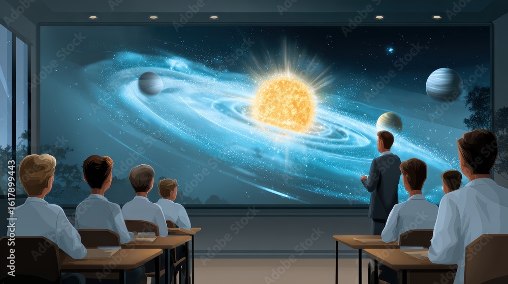 Poster a classroom scene where students observe a cosmic presentation featuring the sun and planets in a vi