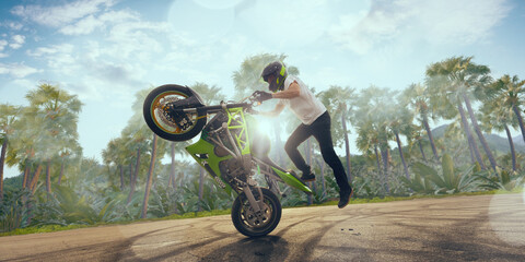 Moto stunt riding biker.