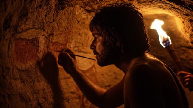 Prehistoric artist painting cave wall