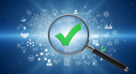 Magnifying glass focusing on green check mark amidst data and business icons