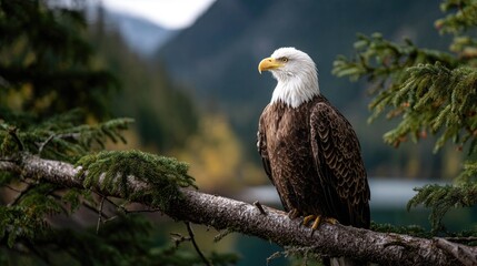 Bald eagle perched on branch in forest