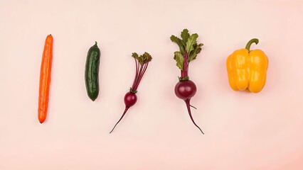 Fresh Assorted Vegetables on Pink Background &ndash; Carrot, Cucumber, Beetroot, and Yellow Bell Pepper