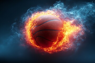 Fototapeta premium Basketball engulfed in vibrant orange flames and blue smoke fire sport