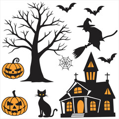  Halloween. Halloween Icon Set. Halloween set clipart vector. Halloween Flat Design Icon Set. Set of Halloween Pumpkins Silhouette. Halloween cartoon vector. 