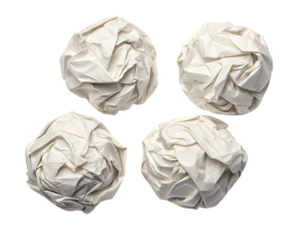 Four crumpled white paper balls arranged in a square formation isolated on white background