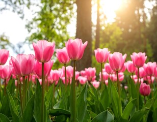 Obraz premium Pink tulips in a garden, sunlight