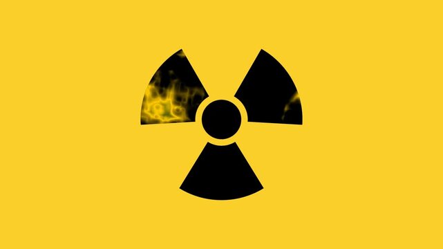 Dynamic Radiation Warning Animation, Black Trefoil Hazard Symbol with Glowing Energy Particle Effects on Yellow Background