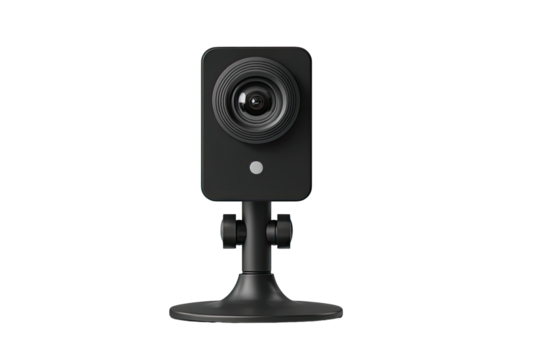 Small black security camera, rectangular, on a stand.  Lens is visible