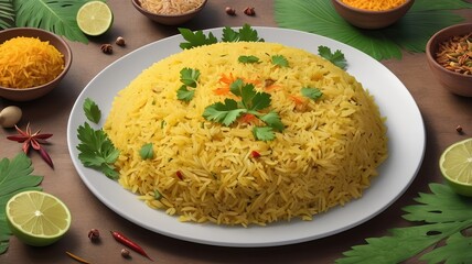 A plate of yellow rice garnished with cilantro and limes surrounded by various spices and ingredients