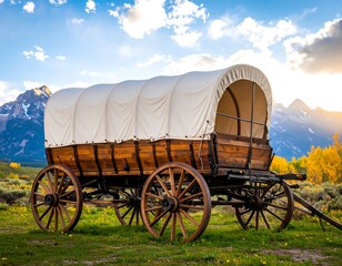 Pioneer wagon at sunset, mountains in background