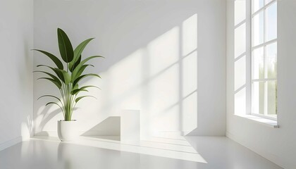 Interior with potted plants, natural light, white wall, shadow, modern design, clean floor, minimalist style