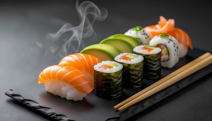 Fresh and delicious Japanese sushi featuring salmon nigiri and vibrant maki rolls presented on a dark plate with steam