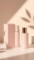 Elegant pink cosmetic serum dropper bottle and minimalist packaging, bathed in soft natural sunlight and shadows