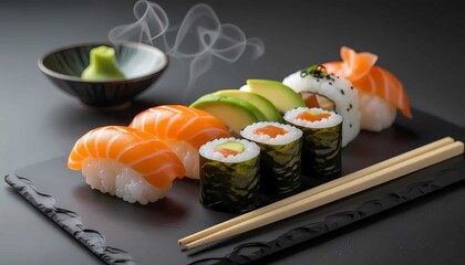 traditional sushi meal with colorful ingredients, including raw salmon and avocado, ready to enjoy with chopsticks
