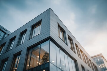 Modern Architectural Corner of a Glass Facade Building Under Dramatic Sky at Dusk
