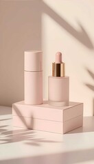 Luxury beauty product display: a delicate skincare bottle and box with gold accents for a clean, modern aesthetic