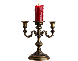  Baroque Candlestick with Dripping Red Candle, Gothic Style, Front View