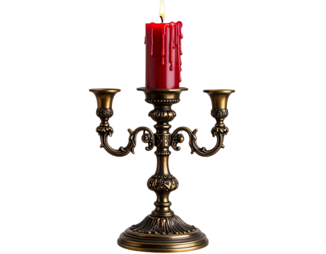  Baroque Candlestick with Dripping Red Candle, Gothic Style, Front View