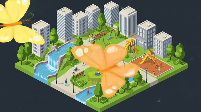 Isometric Park Scene with People  Butterfly