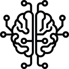 Black outline of a stylized brain with circuit board connections and nodes mind intelligence