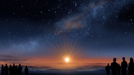 A serene scene of silhouetted figures gazing at a vibrant sunset with a starry sky, evoking a sense of wonder and connection with the universe.