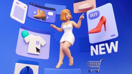 3D Female Avatar Navigating a Vibrant Online Shopping Platform With Floating Product Windows; Virtual Store, E-Commerce Platform, Shopping App, Digital Retail Marketing, Metaverse Commerce