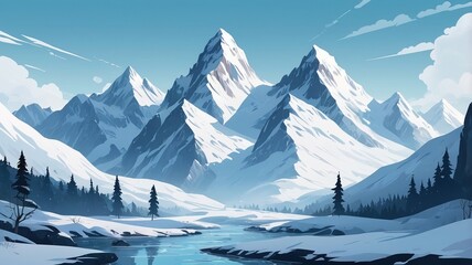 A scenic view of snow capped mountains with a river flowing through a winter landscape scene art