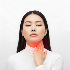Asian Woman Touching Neck – Thyroid Gland Pain, Hyperthyroidism, Tonsil Stones, or Laryngeal Cancer Symptoms