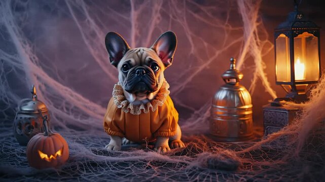 french bulldog in orange halloween costume