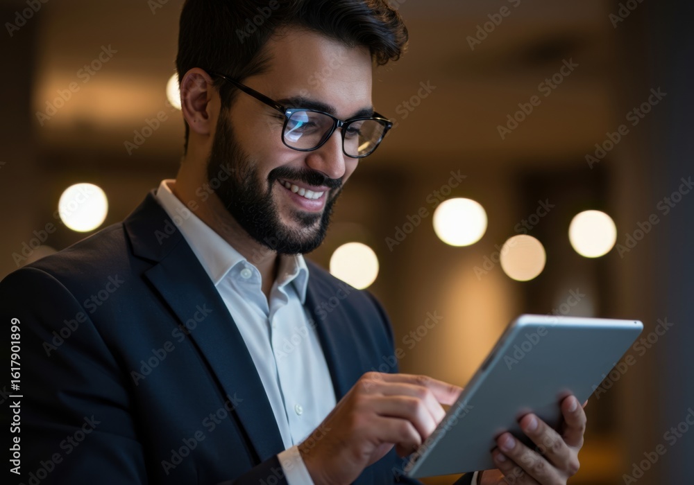 Poster smiling businessman with beard and glasses intently focused on his tablet screen illuminated by soft