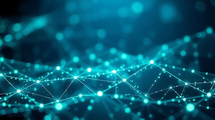 High-resolution stock photo Abstract background of glowing technology particles forming a mesh network. Commercial quality, professional aesthetic, vibrant blues and greens, sharp focus