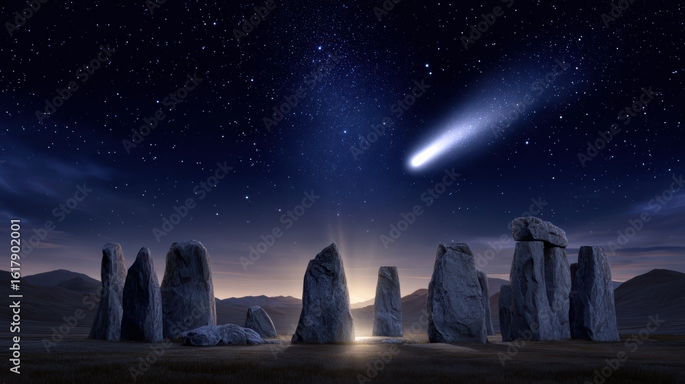 Aufkleber a mystical stone circle under a starry sky, illuminated by a comet's tail, creating a captivating ce