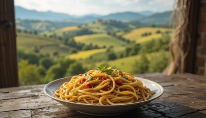 Homemade Pasta Dish on a Rustic Table with Italian Countryside Rolling Hills in the Distance