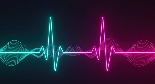 Neon sound wave and electrocardiogram pulse lines on a dark gradient background