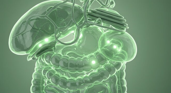 3D render of the human digestive system showing organs like the liver and intestines