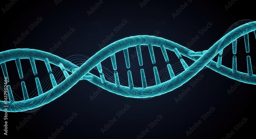 Poster glowing cyan dna double helix structure on a dark background with thin lines
