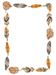 Bright orange, brown, and gray leaves form a decorative border, ideal for invitations or seasonal art. This design captures the essence of autumn with vibrant colors and varied leaf shapes.