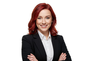 Smiling businesswoman with red hair arms crossed isolated on transparent background